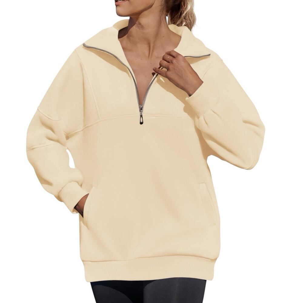 Cream Oversized Quarter Zip Pullover Fleece Sweatshirt Womens M NWT Neutral Cozy